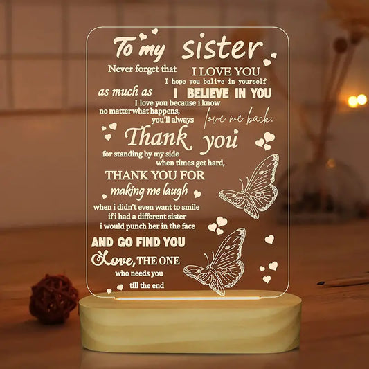 1pc 3D Night Light I Love You Sister, LED Illusion Table Lamp For Girl Women Her Mother's Day Birthday Present, To My Sister Gifts