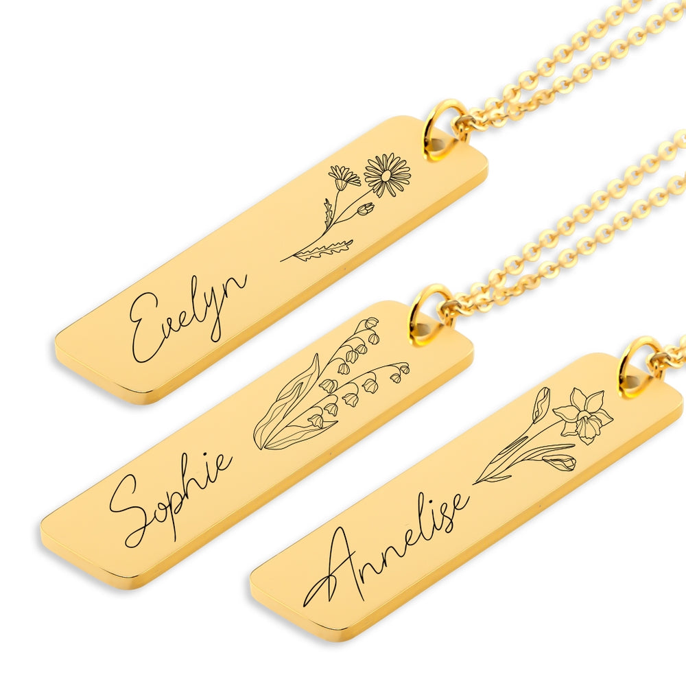 Birthflower Name Bar Necklace